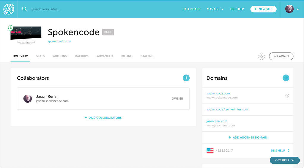 Flywheel hosting dashboard for Spokencode.